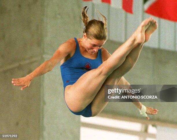 Canadian diver Anne Montminy performs one of her dives during the finals of the women's 10m platform competition at the 12th Pan American Games in...