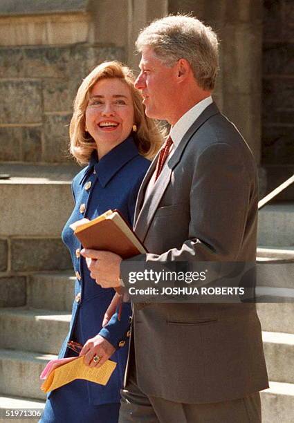 President Bill Clinton and First Lady Hillary Clinton leave church after services 19 March. Clinton escalated his campaign 18 March for tougher...