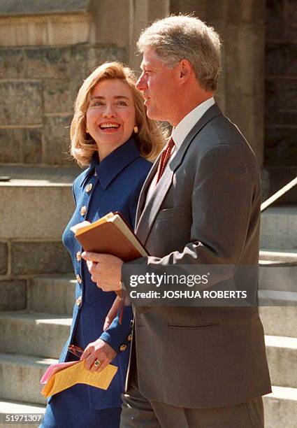 President Bill Clinton and First Lady Hillary Clinton leave church after services 19 March. Clinton escalated his campaign 18 March for tougher...