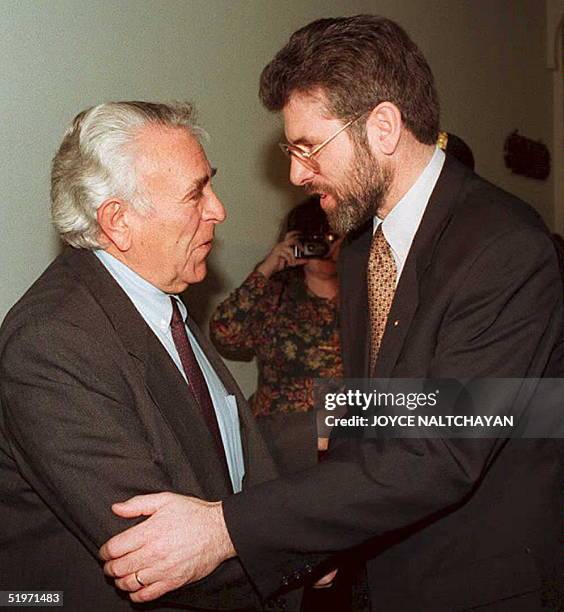 Sinn Fein leader Gerry Adams shakes hands with US Representative Benjamin Gilman R-New York, Chairman of the House International Relations Committee...