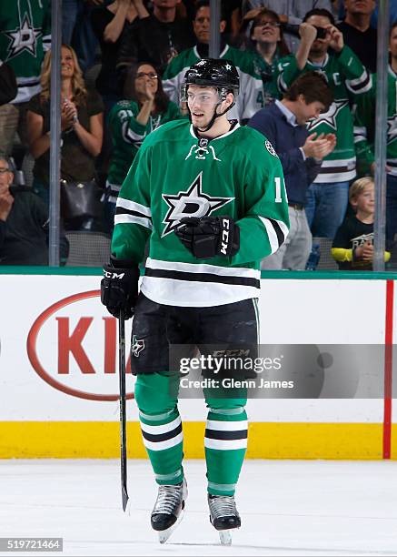 Jason Dickinson of the Dallas Stars celebrates his first NHL goal against the Colorado Avalanche at the American Airlines Center on April 7, 2016 in...