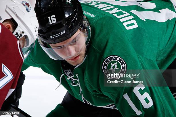 Jason Dickinson of the Dallas Stars tries to win a face off against the Colorado Avalanche at the American Airlines Center on April 7, 2016 in...