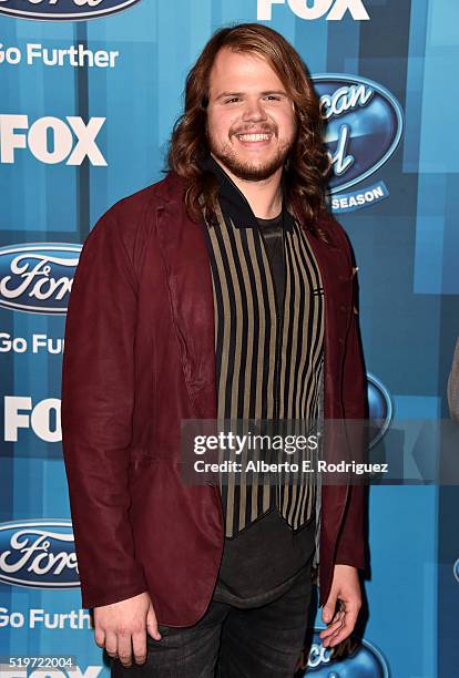 Singer Caleb Johnson attends FOX's "American Idol" Finale For The Farewell Season at Dolby Theatre on April 7, 2016 in Hollywood, California.