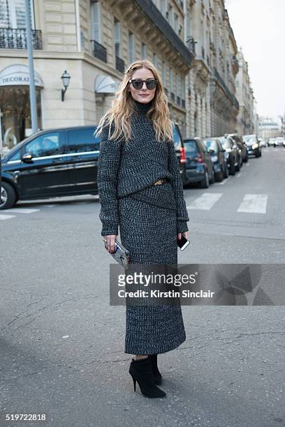 Actress and Model Olivia Palermo wears a Pringle sweater and skirt, Tabata Simon shoes and Tibi belt on day 6 during Paris Fashion Week Autumn/Winter...