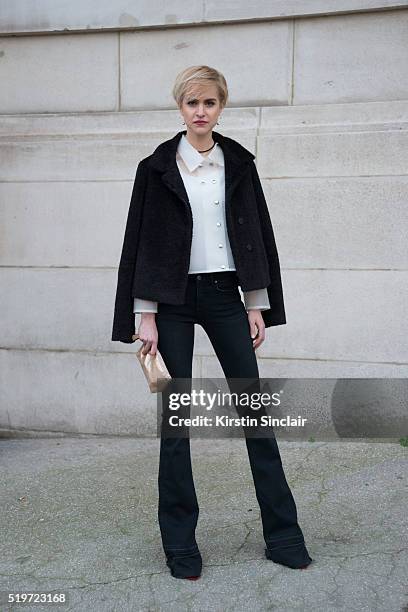 Model Natalja Neumeister wears Huber Egloff top and vintage trousers on day 6 during Paris Fashion Week Autumn/Winter 2016/17 on March 6, 2016 in...