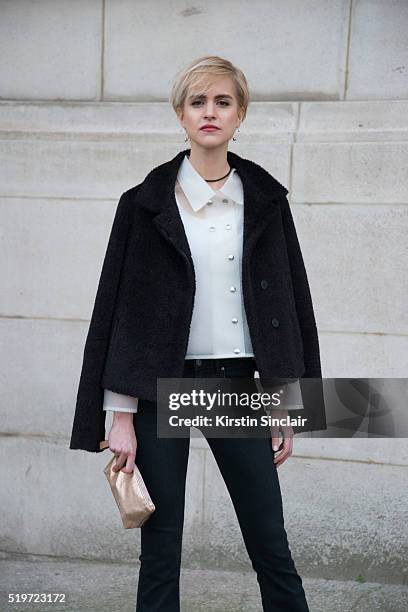 Model Natalja Neumeister wears Huber Egloff top and vintage trousers on day 6 during Paris Fashion Week Autumn/Winter 2016/17 on March 6, 2016 in...