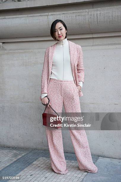 Fashion Blogger Chriselle Lim wears all Akris on day 6 during Paris Fashion Week Autumn/Winter 2016/17 on March 6, 2016 in Paris, France. Chriselle...