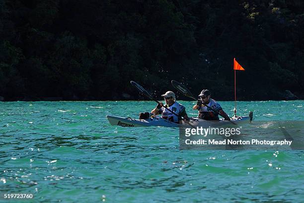 Steve Strange and Destry Harte from Team Nuggety paddling down Abel Tasman coast on day 6 of GodZone Adventure Race on April 8, 2016 in Nelson, New...