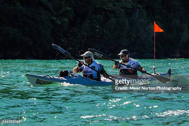 Steve Strange and Destry Harte from Team Nuggety paddling down Abel Tasman coast on day 6 of GodZone Adventure Race on April 8, 2016 in Nelson, New...