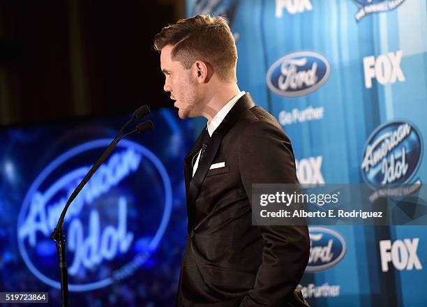 American Idol Season 15 winner Trent Harmon speaks onstage in the pressroom at FOX's "American Idol" Finale For The Farewell Season at Dolby Theatre...