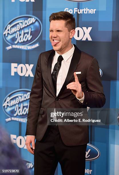 American Idol Season 15 winner Trent Harmon poses in the pressroom at FOX's "American Idol" Finale For The Farewell Season at Dolby Theatre on April...