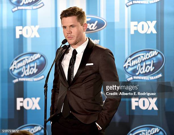 American Idol Season 15 winner Trent Harmon speaks onstage in the pressroom at FOX's "American Idol" Finale For The Farewell Season at Dolby Theatre...