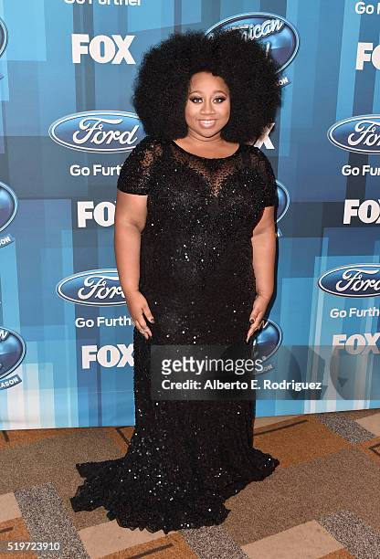 American Idol Season 15 runner-up La'Porsha Renae poses in the pressromm at FOX's "American Idol" Finale For The Farewell Season at Dolby Theatre on...