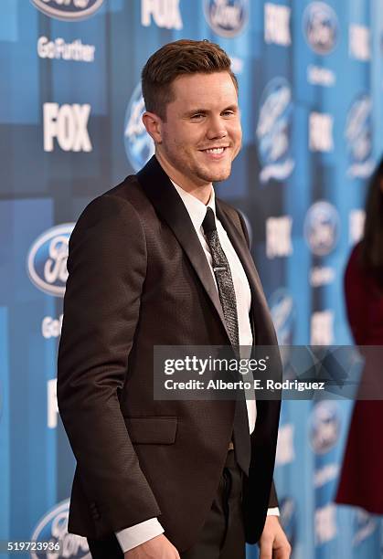 American Idol Season 15 winner Trent Harmon poses in the pressroom at FOX's "American Idol" Finale For The Farewell Season at Dolby Theatre on April...