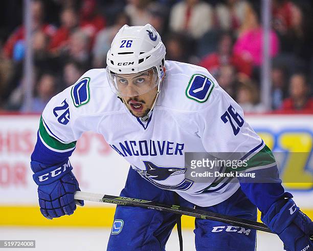 Emerson Etem of the Vancouver Canucks in action against the Calgary Flames during an NHL game at Scotiabank Saddledome on April 7, 2016 in Calgary,...