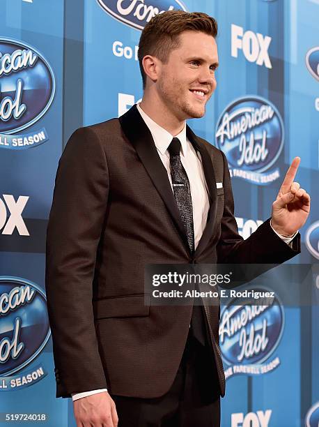 American Idol Season 15 winner Trent Harmon poses in the pressroom at FOX's "American Idol" Finale For The Farewell Season at Dolby Theatre on April...