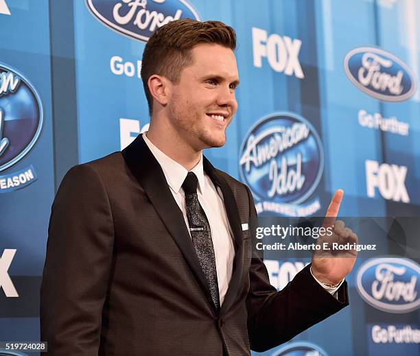 American Idol Season 15 winner Trent Harmon poses in the pressroom at FOX's "American Idol" Finale For The Farewell Season at Dolby Theatre on April...