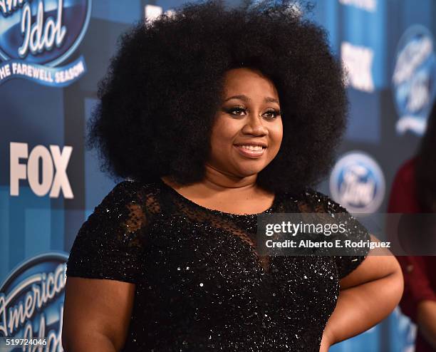 American Idol Season 15 runner-up La'Porsha Renae poses in the pressromm at FOX's "American Idol" Finale For The Farewell Season at Dolby Theatre on...