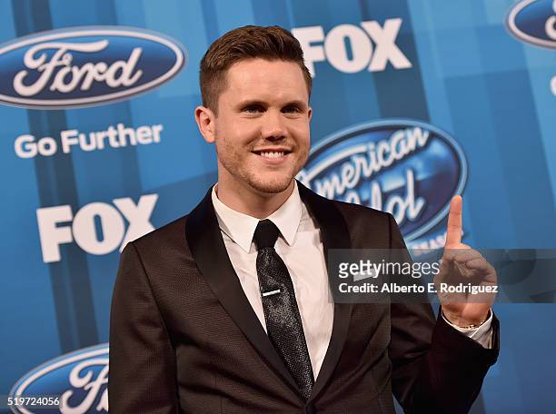 American Idol Season 15 winner Trent Harmon poses in the pressroom at FOX's "American Idol" Finale For The Farewell Season at Dolby Theatre on April...