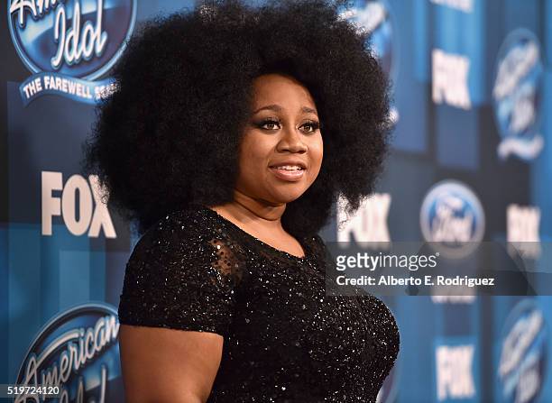 American Idol Season 15 runner-up La'Porsha Renae poses in the pressromm at FOX's "American Idol" Finale For The Farewell Season at Dolby Theatre on...