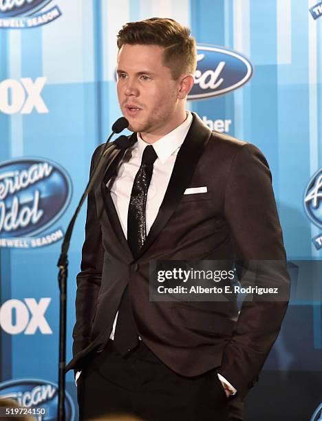 American Idol Season 15 winner Trent Harmon speaks onstage in the pressroom at FOX's "American Idol" Finale For The Farewell Season at Dolby Theatre...