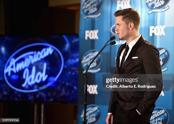 American Idol Season 15 winner Trent Harmon speaks onstage in the pressroom at FOX's "American Idol" Finale For The Farewell Season at Dolby Theatre...