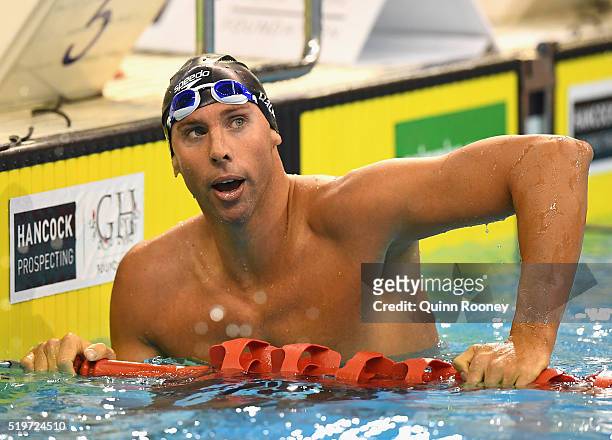 Grant Hackett of Australia catches his breath after competing in the Men's 200 Metre Freestyle during day two of the 2016 Australian Swimming...