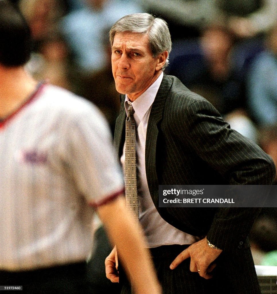 Jerry Sloan, head coach of the Utah Jazz, stares a