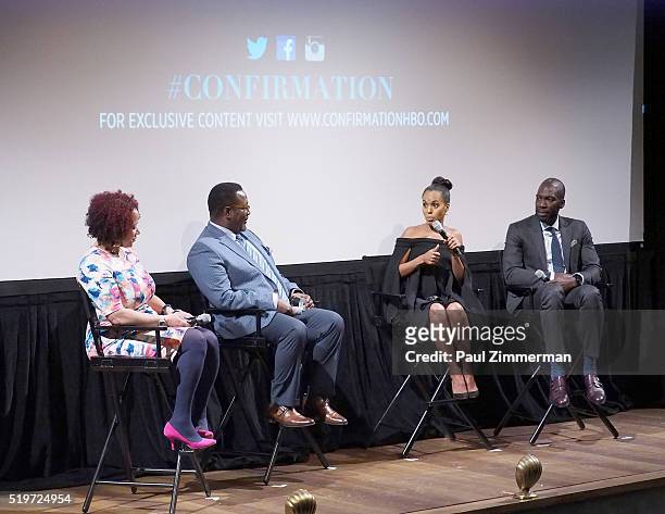 Nikole Hannah-Jones, Wendell Pierce, Kerry Washington and Rick Famuyiwa speak onstage at the NYC Special Screening of HBO Film "Confirmation" at...