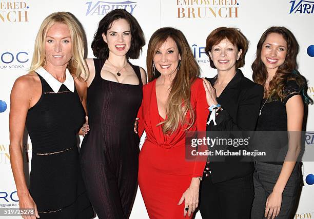 Actress Victoria Smurfit, Amy Bailey, Frances Fisher, and Mairaa Walsh arrive with film producer Cindy Cowan at Empowered Brunch With Cindy Cowan at...
