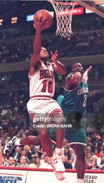 Chicago Bulls guard B.J. Armstrong drives to the basket around the coverage of Charlotte Hornets forward Larry Johnson during the first half of their...