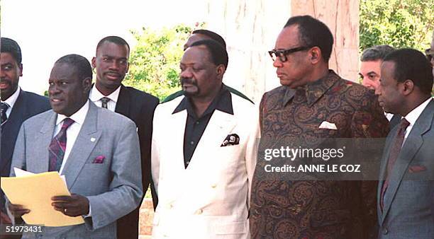 Jonas Savimbi, president of the National Union for the Total Independence of Angola , and Zairan President Mobutu Sese Seko , pose 15 April in...