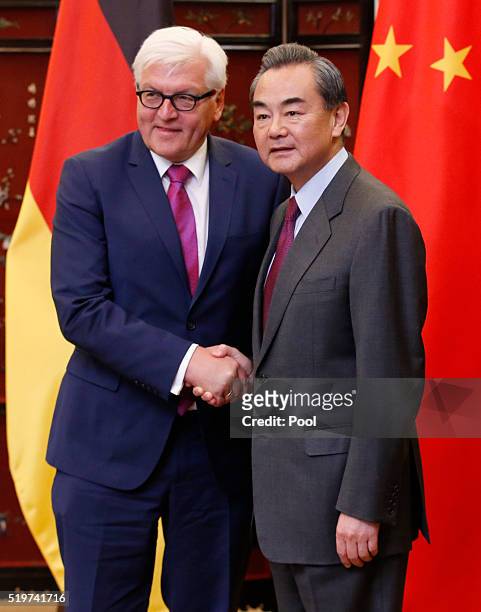 German Foreign Minister Frank-Walter Steinmeier and his Chinese counterpart Wang Yi shake hands as they post for pictures during the second round of...