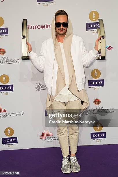 Robin Schulz poses with his awards at the winners board during the Echo Award 2016 on April 7, 2016 in Berlin, Germany.