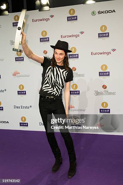 James Bay poses with his award at the winners board during the Echo Award 2016 on April 7, 2016 in Berlin, Germany.