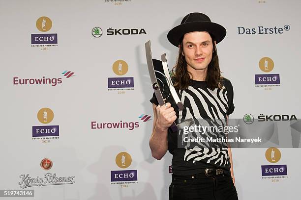 James Bay poses with his award at the winners board during the Echo Award 2016 on April 7, 2016 in Berlin, Germany.