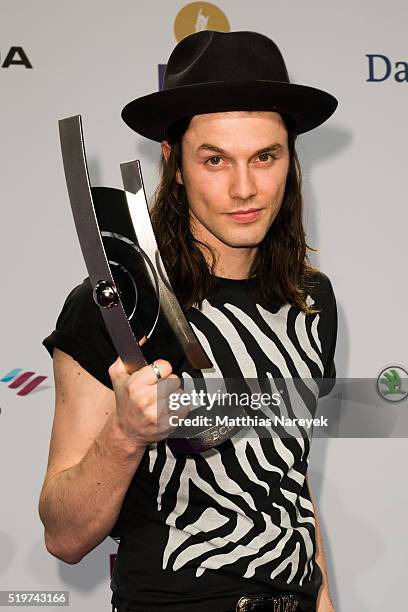 James Bay poses with his award at the winners board during the Echo Award 2016 on April 7, 2016 in Berlin, Germany.