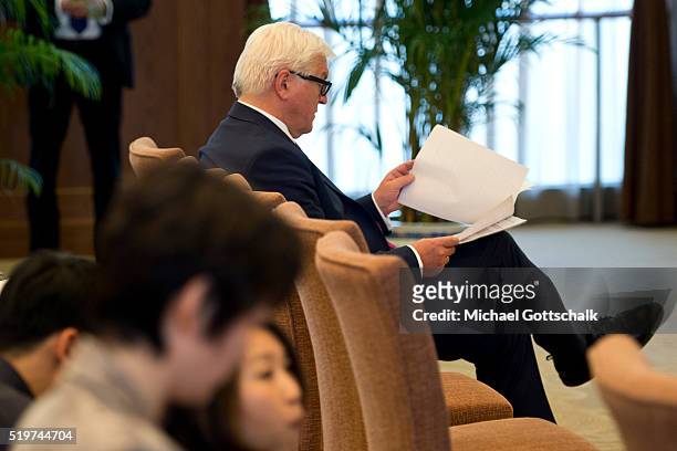 German Foreign Minister Frank-Walter Steinmeier waits for a press conference in Chinese Foreign Office on April 08, 2016 in Beijing, China. The...