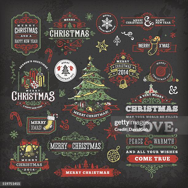 hand drawn blackboard christmas labels & badges - mistletoe stock illustrations