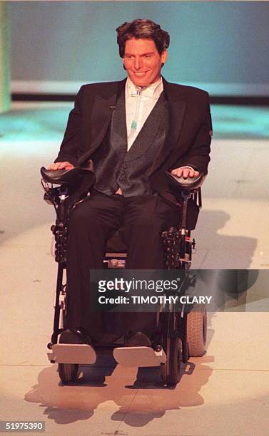 Actor Christopher Reeve appears on stage at the 68th Annual Academy Awards in Los Angeles 25 March. This is his first public appearance before the...