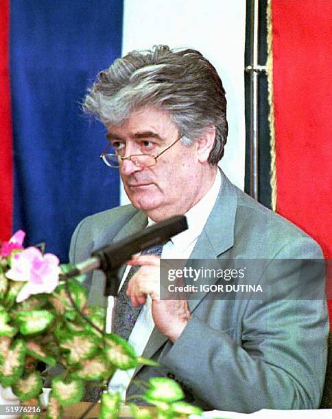 Bosnian Serb strongman Radovan Karadzic speaks at a session of the Bosnian Serb Democratic Party in Pale, Bosnia, 01 July. Leaders of Karadzic's...