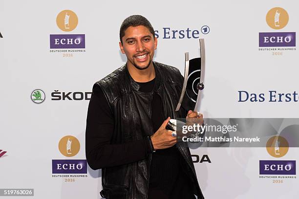 Andreas Bourani poses with his award at the winners board during the Echo Award 2016 on April 7, 2016 in Berlin, Germany.