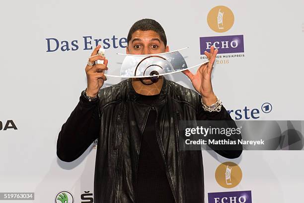 Andreas Bourani poses with his award at the winners board during the Echo Award 2016 on April 7, 2016 in Berlin, Germany.