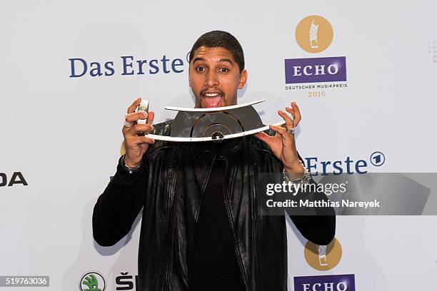 Andreas Bourani poses with his award at the winners board during the Echo Award 2016 on April 7, 2016 in Berlin, Germany.