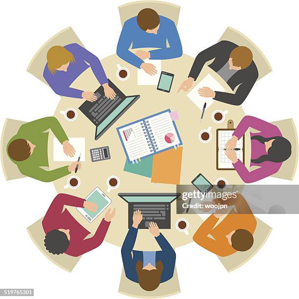 overhead view of people discussing at round table - group discussion stock illustrations