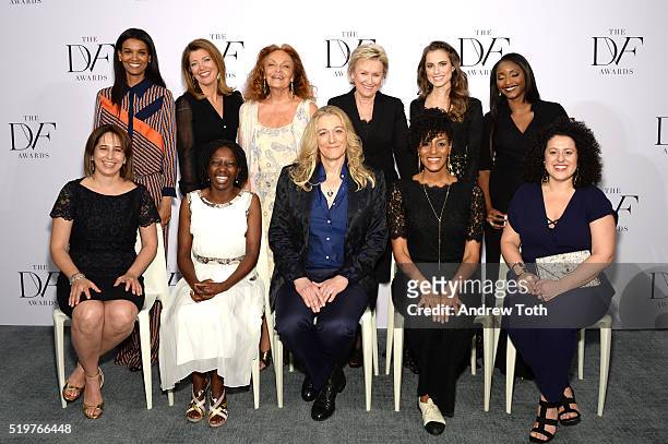 Top: Liya Kebede, Norah O'Donnell, Diane von Furstenberg, Tina Brown, Allison Williams and Isha Sesay; Bottom: Maria Pacheco, Agnes Igoye, Martine A....