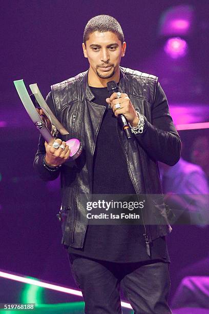 Award winner Andreas Bourani poses with his award during the Echo Award 2016 show on April 07, 2016 in Berlin, Germany.