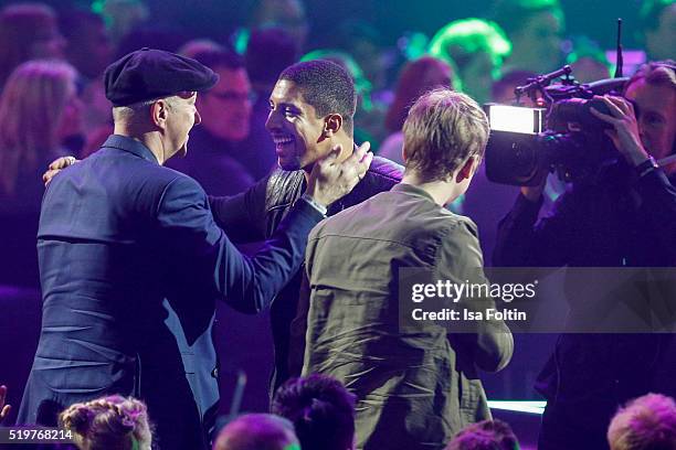 Award winner Andreas Bourani reacts during the Echo Award 2016 show on April 07, 2016 in Berlin, Germany.