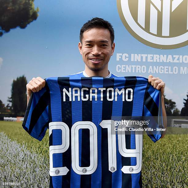 Yuto Nagatomo of FC Internazionale poses for a photo prior to the press conference at the club's training ground at Appiano Gentile on April 8, 2016...