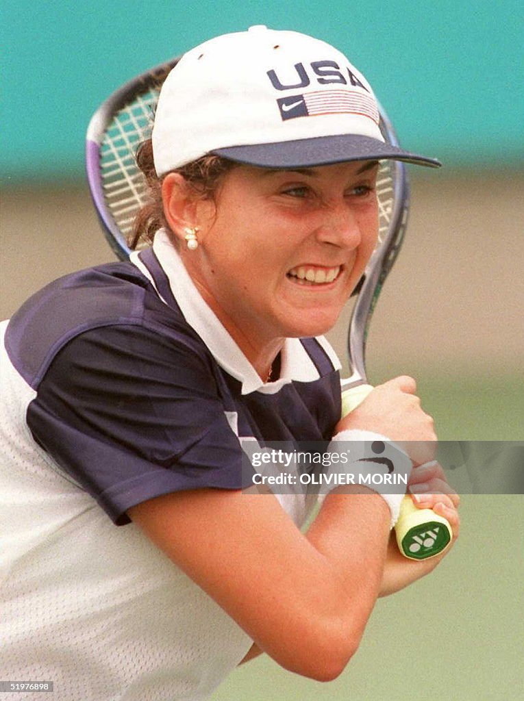 US tennis player Monica Seles prepares to hit a return against... Photo US tennis player Monica Seles prepares to hit a return against... Photo